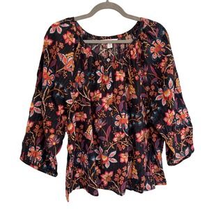 Garnet Hill Floral Metallic Stripe Blouse Black Red Gold Top Size 18 Office Boho